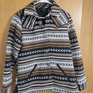 Stylish Striped Women's Pea Coat - Brown, Black, White